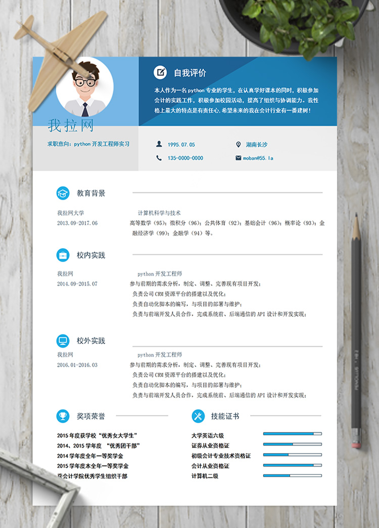 淡蓝python开发工程师实习简历模板