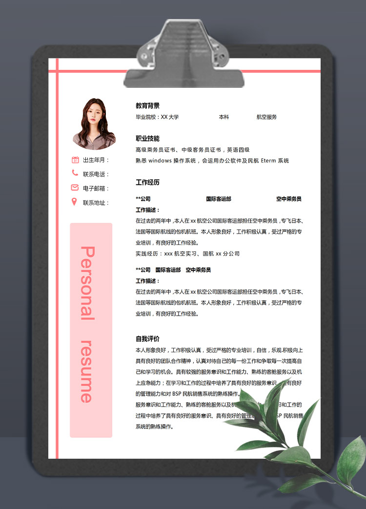 粉色系精美风乘务员应届生简历模板