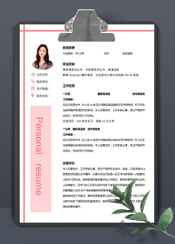 粉色系精美风乘务员应届生简历模板