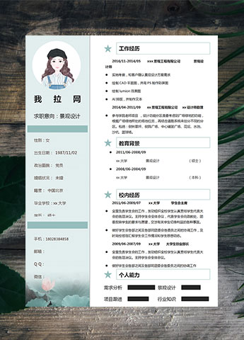 蔚蓝色荷叶水墨风景观设计师简历模板