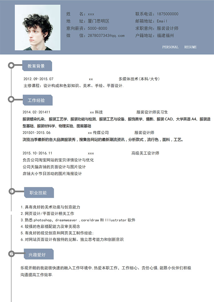 蔚蓝色潮流服装设计师个人简历模板-1