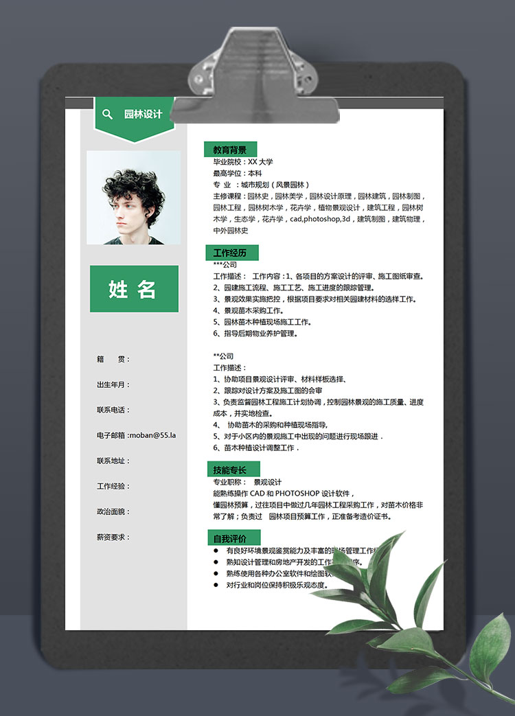 苹果绿简洁风格园林设计师个人简历模板