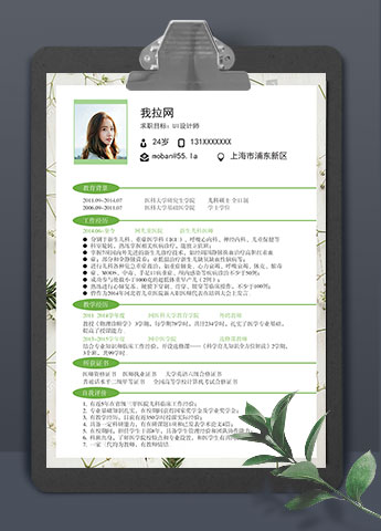 绿色系叶子边风格UI设计师个人简历模板