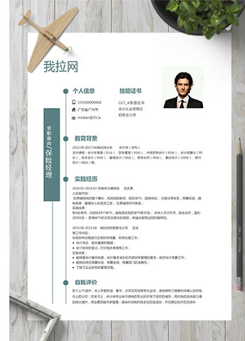 蔚蓝色简洁风保险经理简历模板