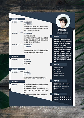 藏青色个性独特风技工客服简历模板