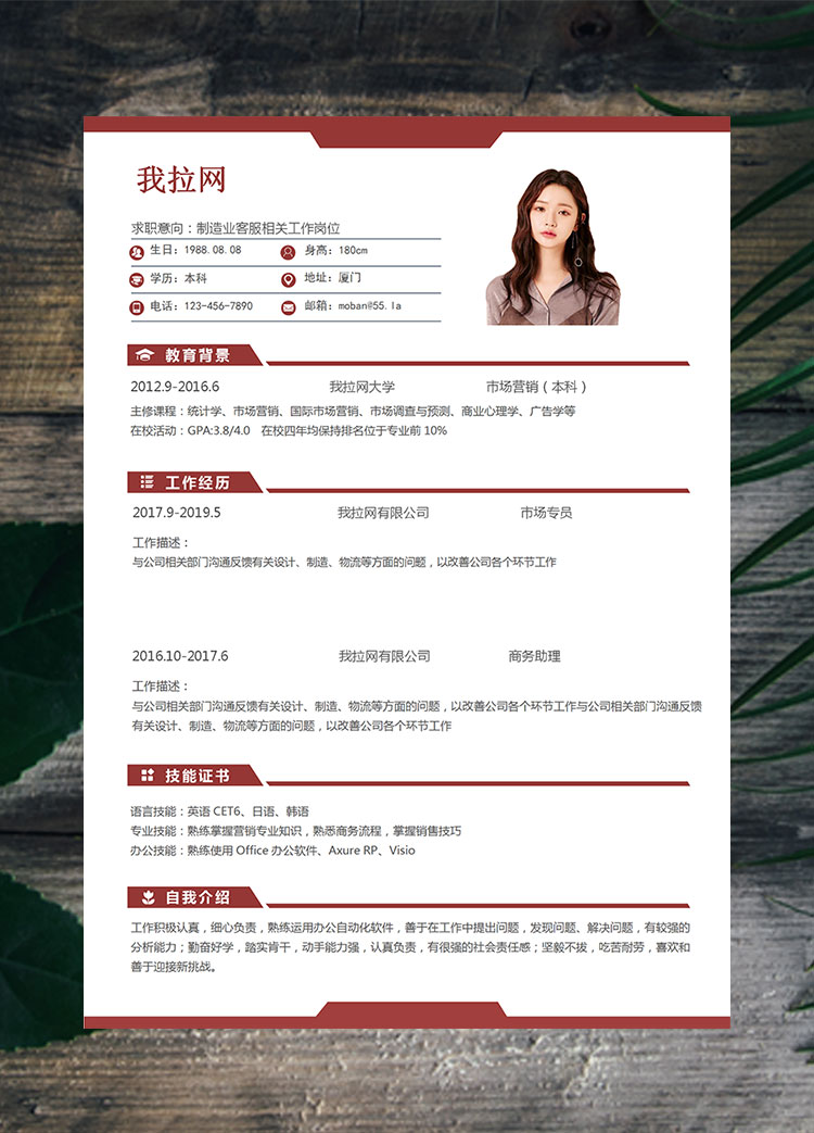 枣红色经典风格制造业客服简历模板