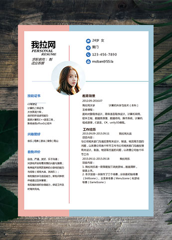 双色拼接时尚制造业客服简历模板