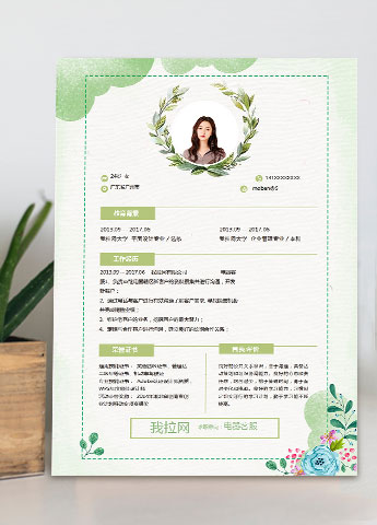 水彩唯美风格电器客服简历模板