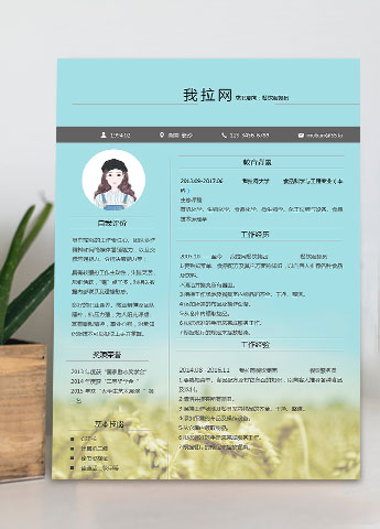 湖蓝色个性风餐饮服务员简历模板