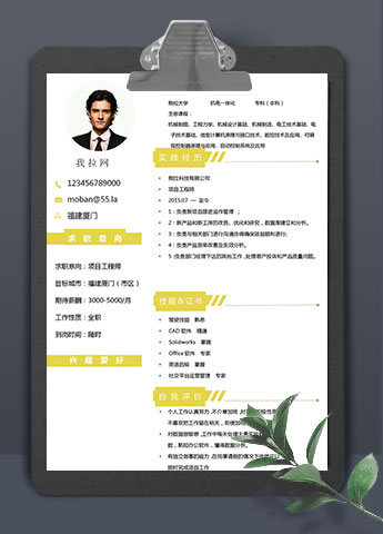 玉米黄个性风项目工程师简历模板