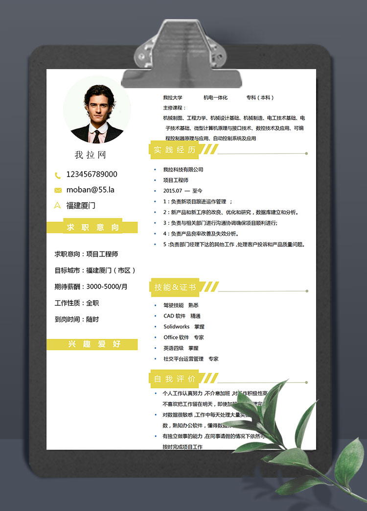 玉米黄个性风项目工程师简历模板