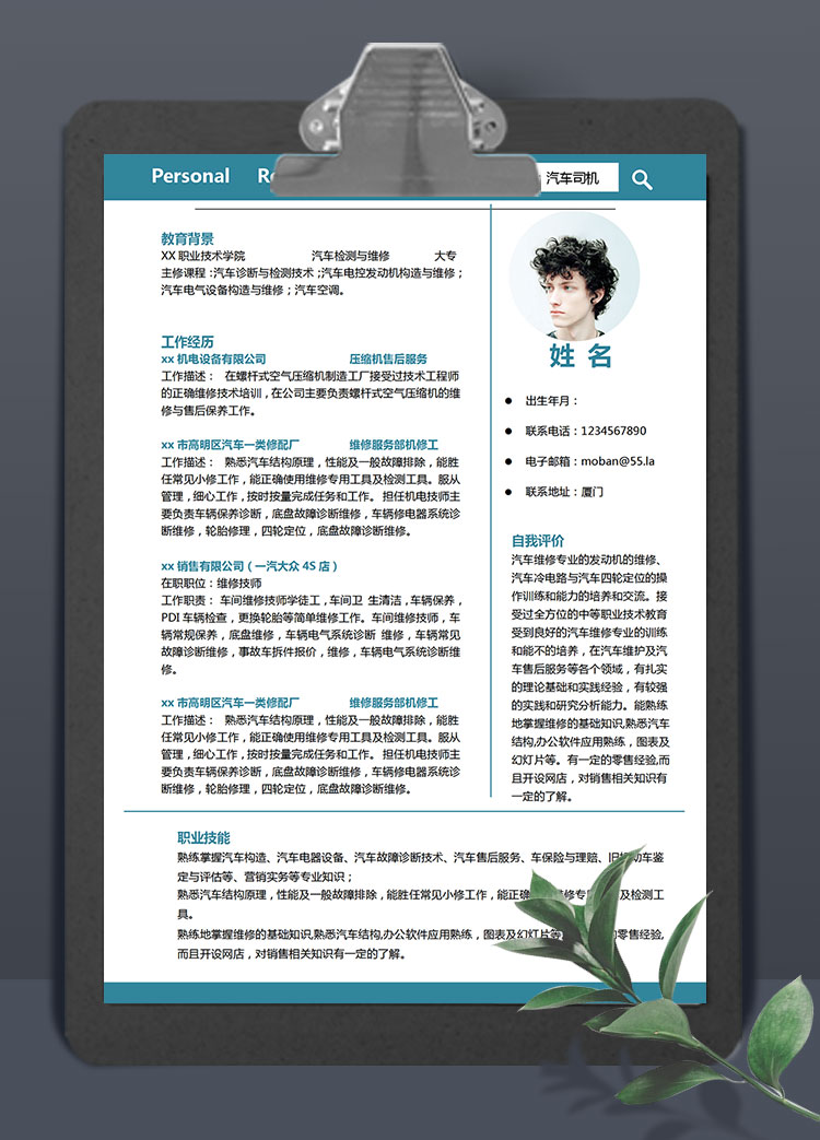 蓝色系简洁风汽车司机简历模板