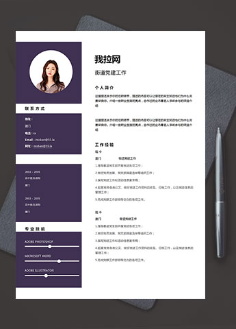 紫色系时尚风街道党建工作简历模板