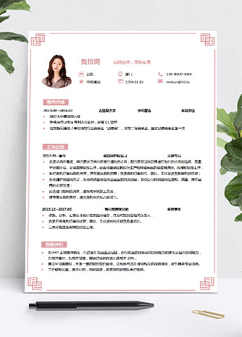 粉色清新边框采购专员简历模板