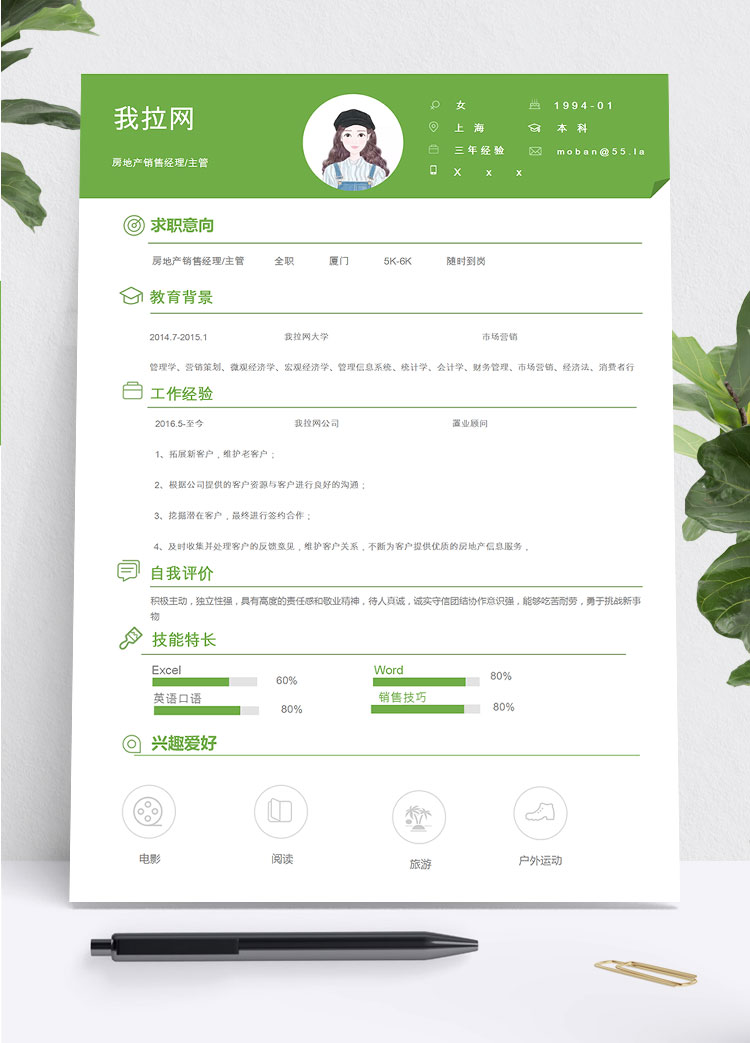 绿色系现代风房地产销售经理简历模板