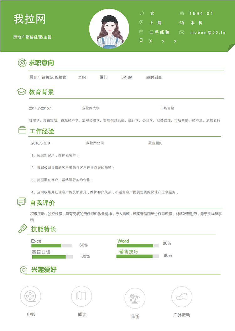 绿色系现代风房地产销售经理简历模板-1