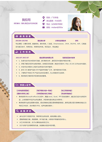 紫色个性风售前售后技术经理简历模板