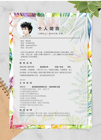 多彩创意风维修经理个人简历模板