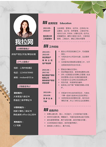 粉色系创意风房地产策划经理简历
