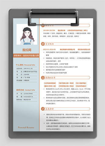 天蓝色时尚风信息技术经理简历模板