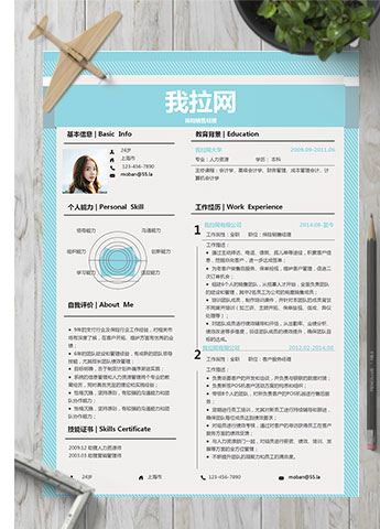 天蓝色创意线条保险销售经理简历模板