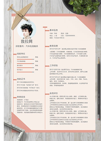 浅粉色个性风汽车检测维修简历模板