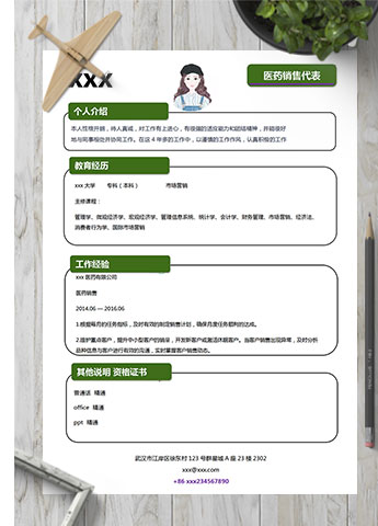 森林绿个性风医药销售代表简历模板