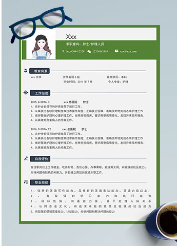 绿色方框简约护士护理个人简历