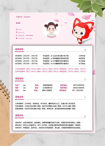 粉色阿狸可爱风小升初简历