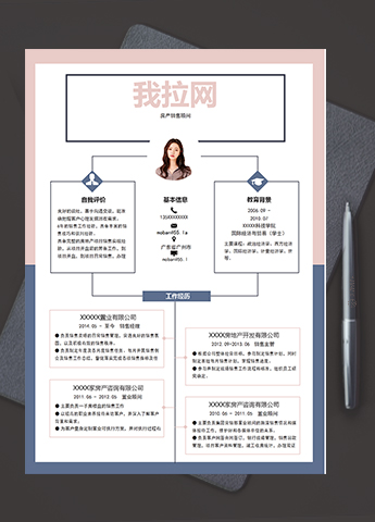 粉红墨蓝外框风房产销售顾问简历模板