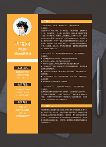 橙黑大气风格保险销售经理个人简历模板
