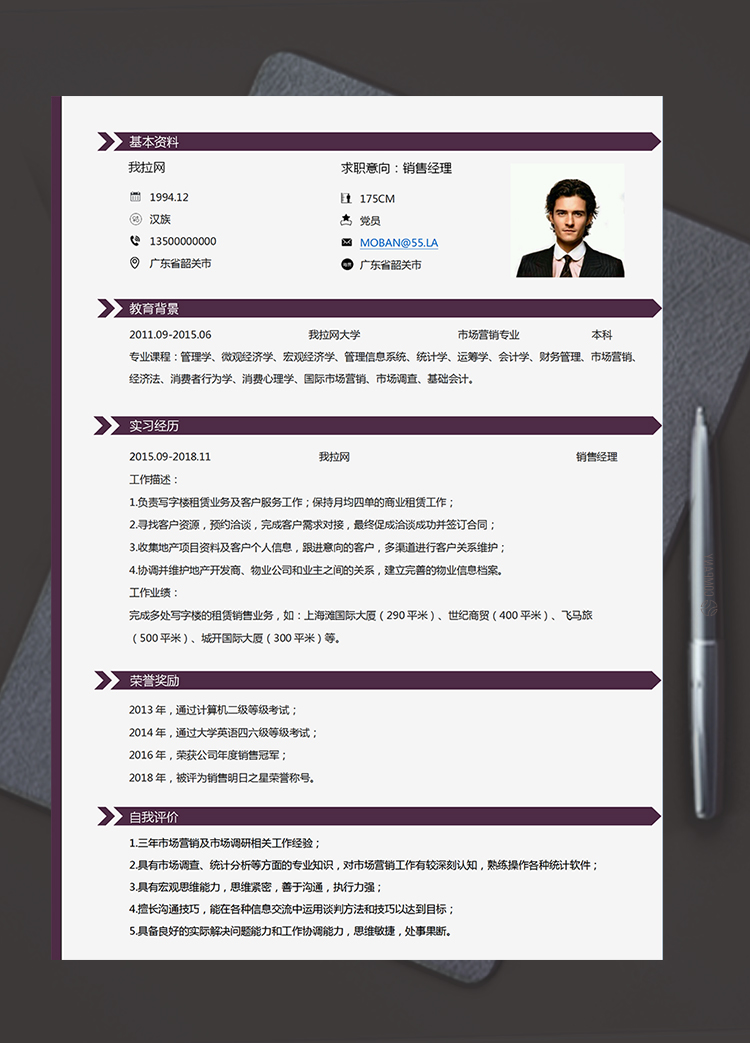 紫色大气稳定风格销售经理1-3年工作经验简历模板