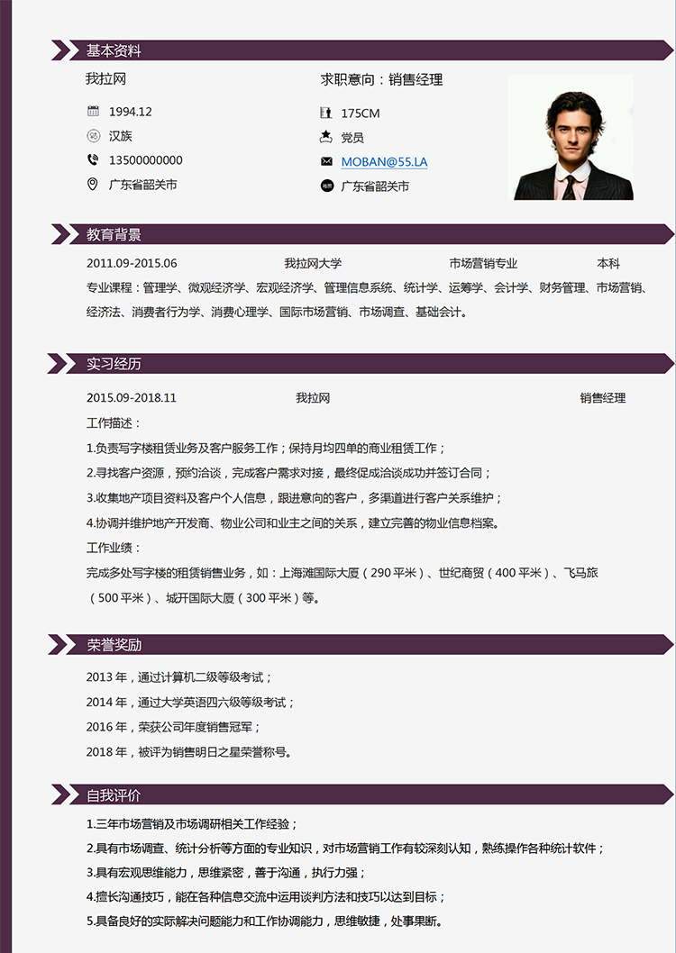 紫色大气稳定风格销售经理1-3年工作经验简历模板-1