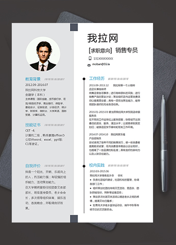 灰白大气稳定风格销售专员个人简历模板