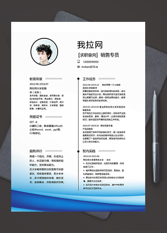 时尚大气水湖蓝风销售专员求职简历模板