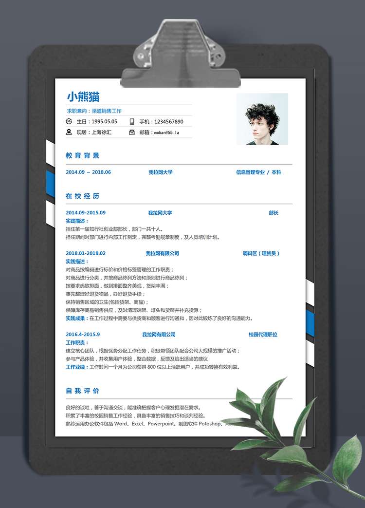 黑蓝白外框商务风格渠道销售个人简历模板