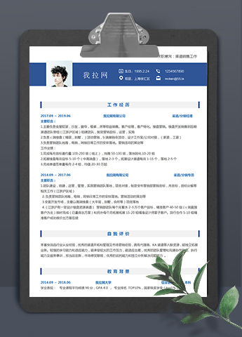 蓝白简洁大气风格渠道销售个人简历模板
