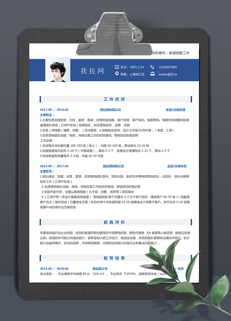 蓝白简洁大气风格渠道销售个人简历模板