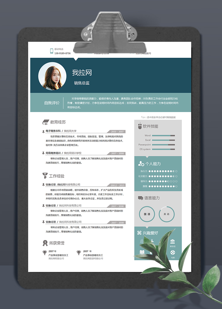 绿色创意简约时尚大气销售总监2年作经验简历模板