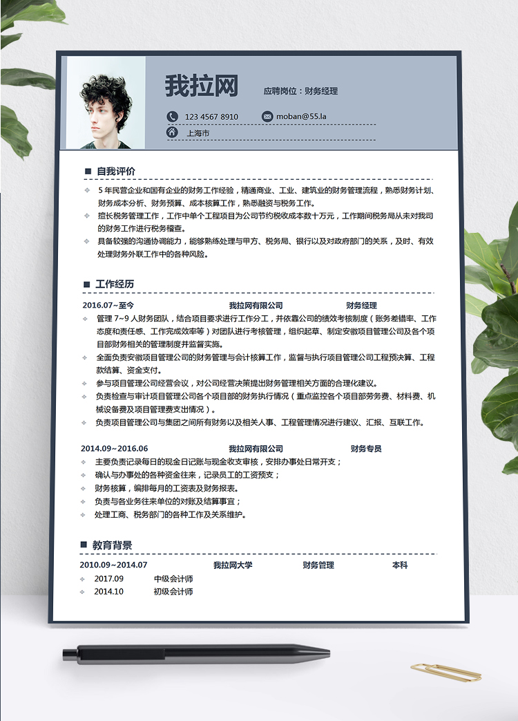 浅墨蓝时尚风格财务经理求职简历模板