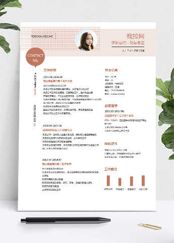 粉色创意简约风财务总监求职简历模板