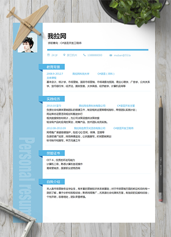 淡蓝色优雅简约C#语言开发工程师简历