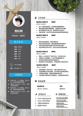 蓝灰拼接大气设计师插画师简历模板