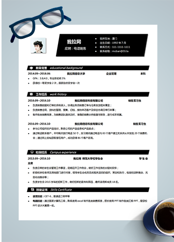 简约经典黑白电话销售Word简历模板