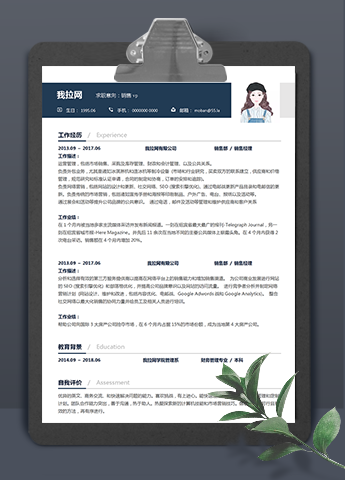 藏青色精简销售vp个人简历模板