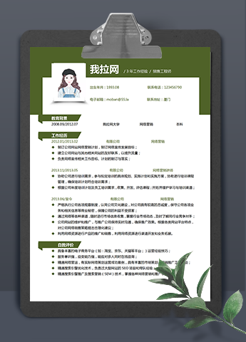 绿色简约销售工程师word简历模板