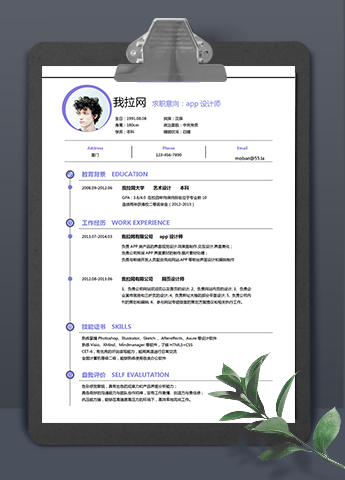 蓝紫色经典app设计师word简历模板
