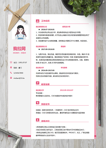 粉色淡粉原画师word简历模板