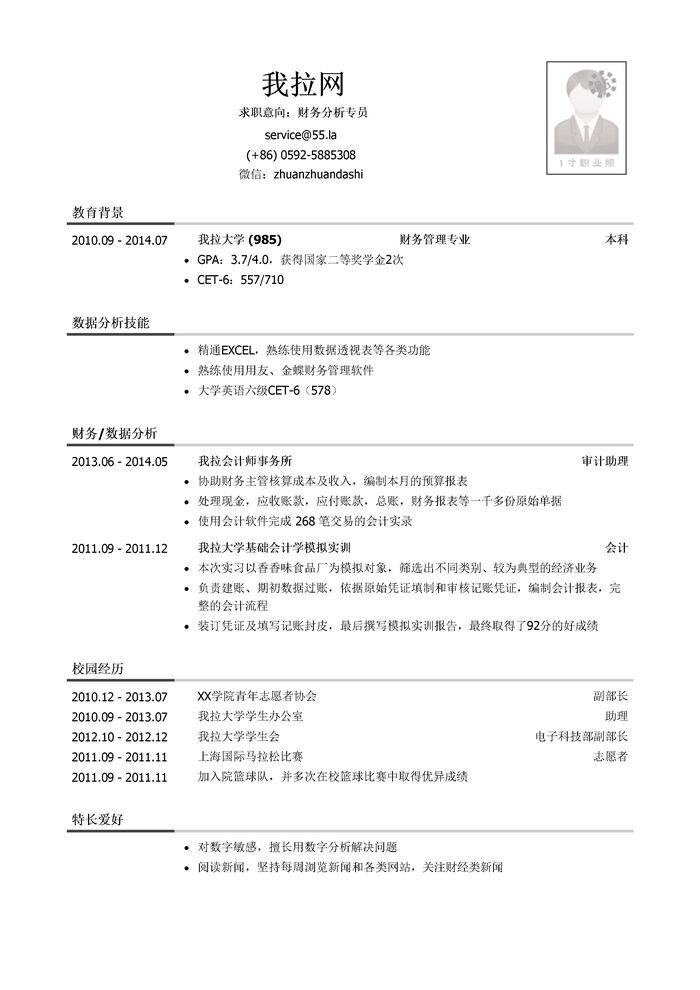 财务分析专员简历模板（有校园活动）