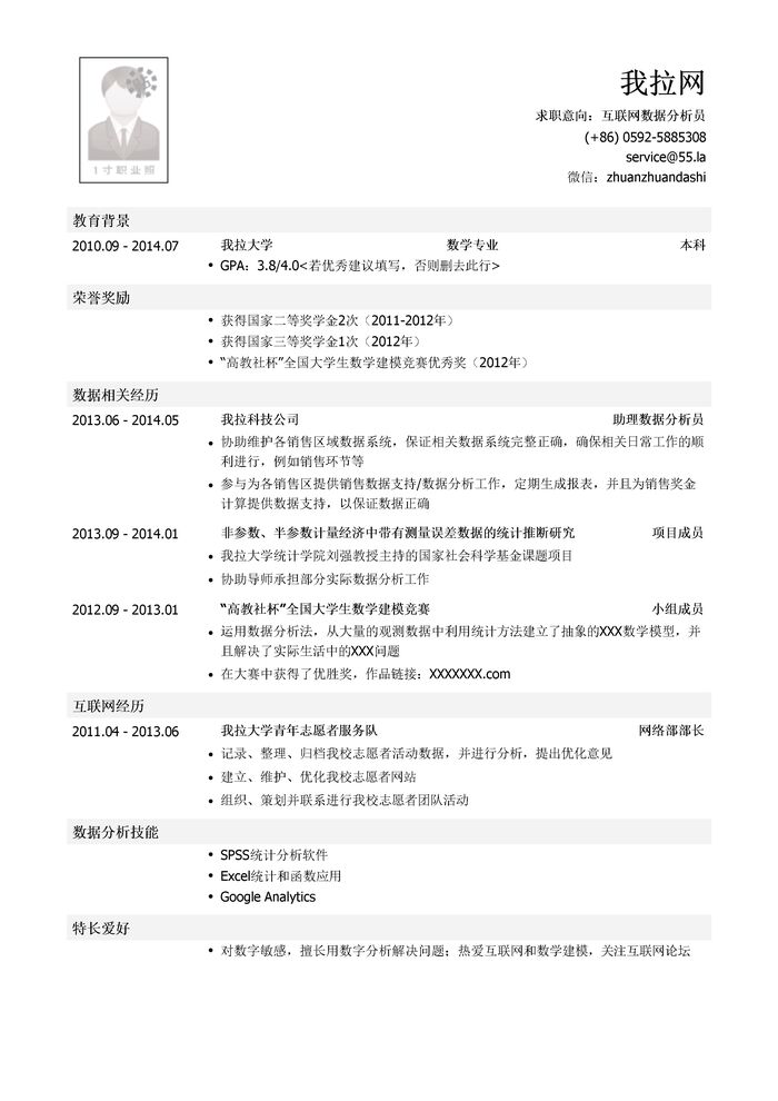 互联网数据分析员岗位简历模板